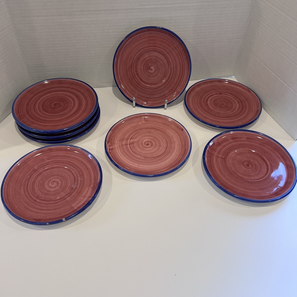 ASSUNTA Positano Italy Hand Painted Ceramic Bread Plates Set of 8 Red Blue